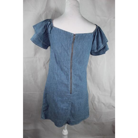 Alice + Olivia Denim Tulla Off the Shoulder Ruffle Sleeve Dress Chambray Linen - Picture 3 of 12